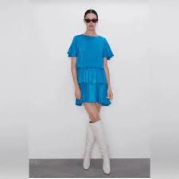 ZARA RUFFLED SATIN EFFECT MINI BLUE SIZE XS MINI WOMEN DRESS - Picture 1 of 6